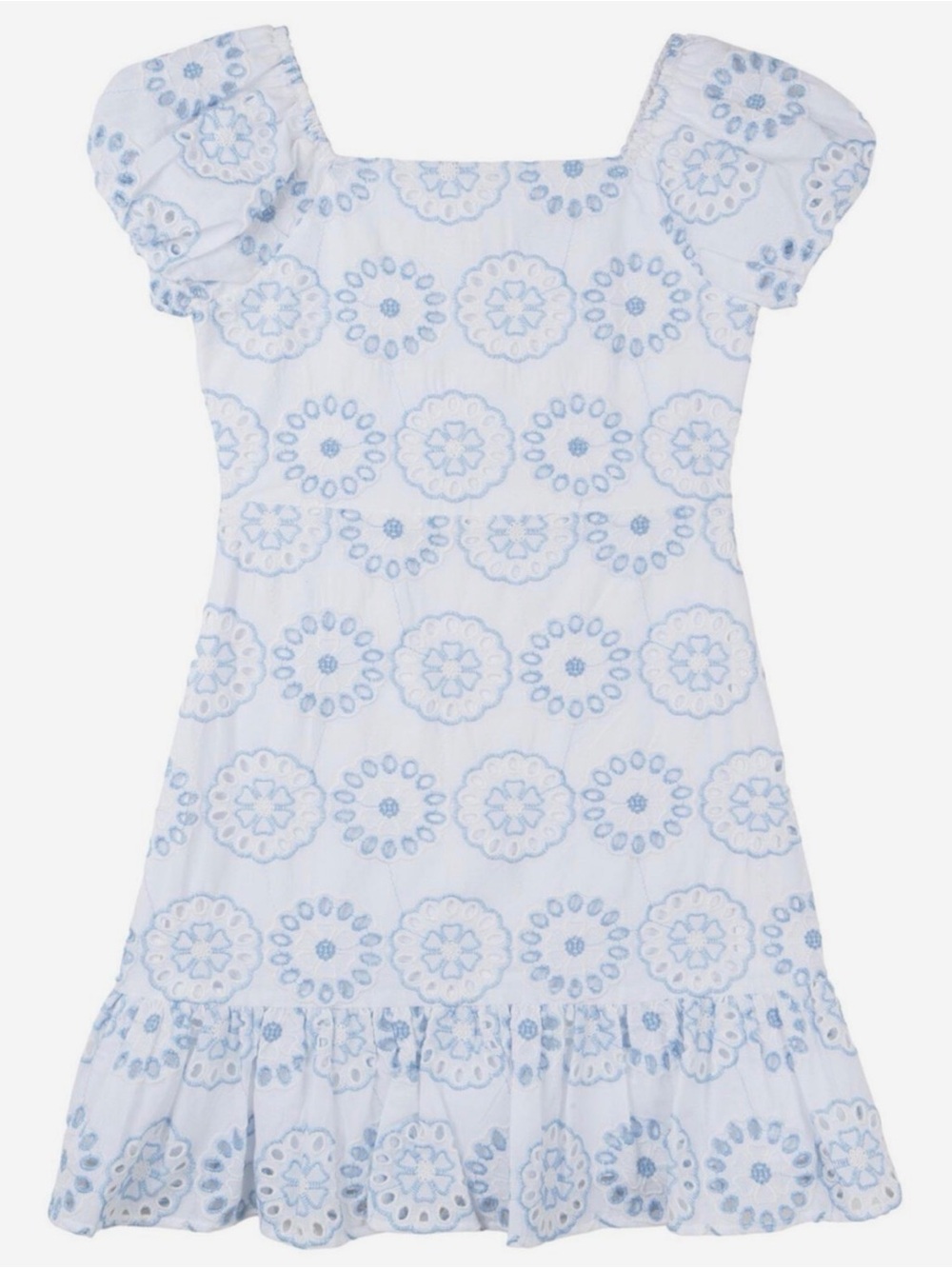 Girls Light Blue Embroidered Puff Sleeve Dress
